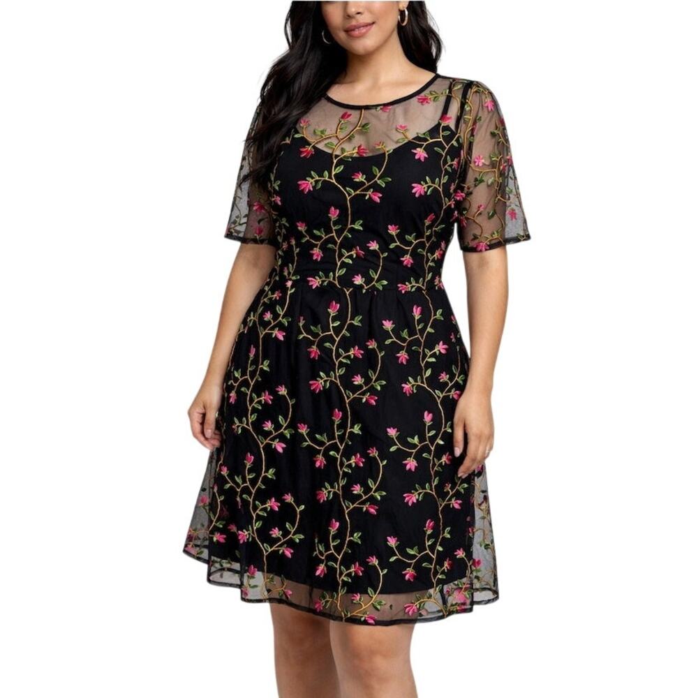 Rare Forever 21 Contemporary  Pink Floral Embroidered Mesh Dress - M